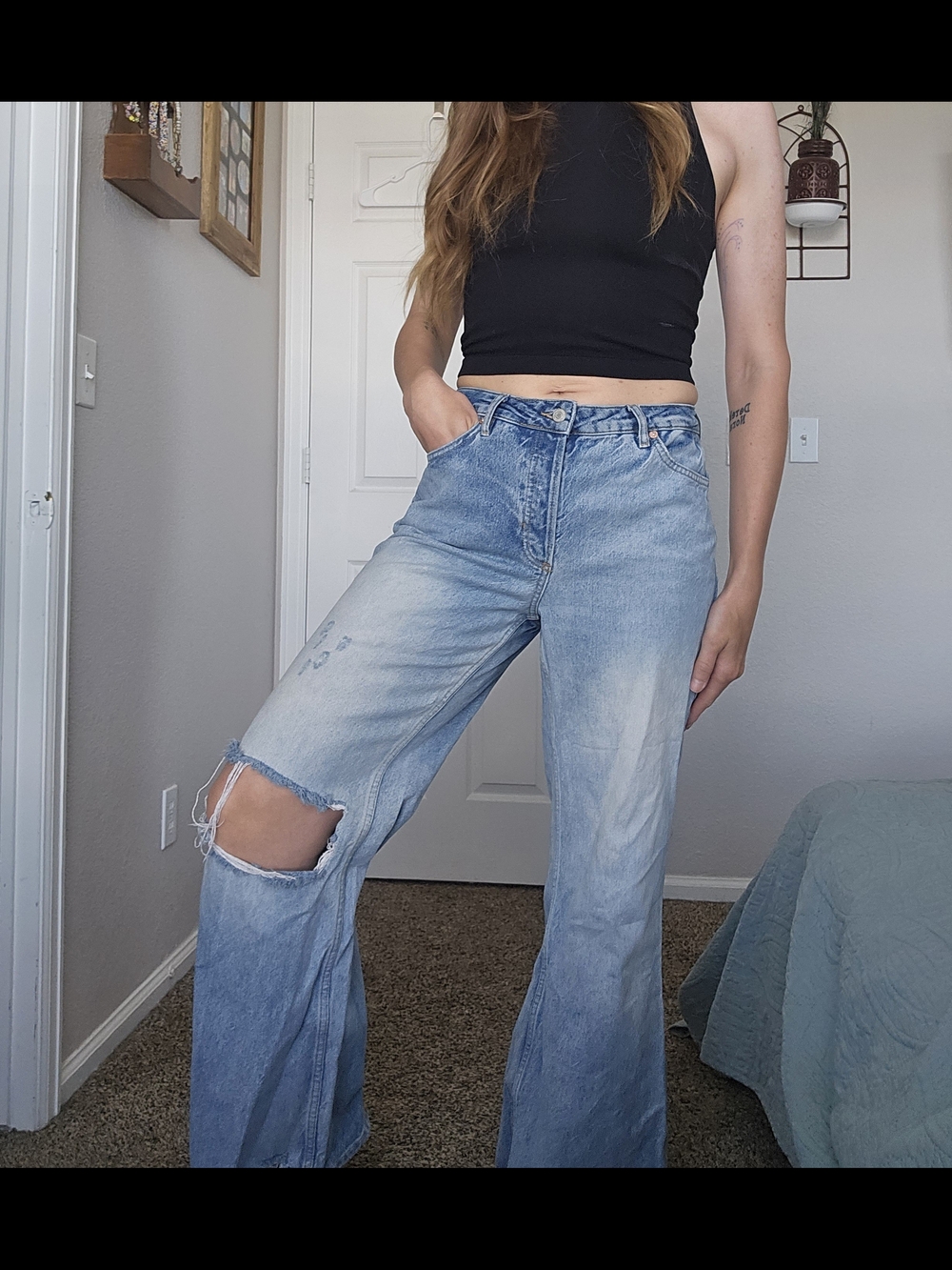 We The Free Light Blue High-Rise Wide Leg Jeans with Knee Rip